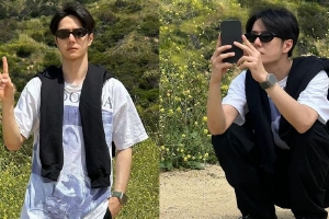 王一博打卡好莱坞 戴墨镜比耶清爽帅气