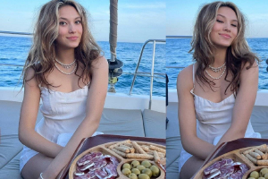 谷爱凌吊带短裙点缀珍珠项链美出神