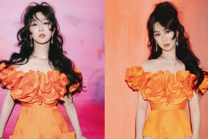 杨紫着橙色长裙 高马尾大波浪气场全开