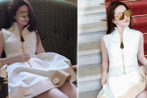 刘亦菲穿黑靴百褶连衣裙漫步威尼斯