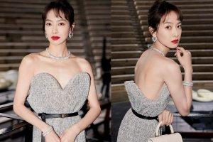 宋茜抹胸露背裙秀肩颈线条盘发红唇