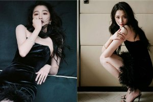 关晓彤穿黑色羽毛短裙大秀美腿气质迷人