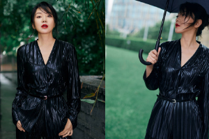 闫妮置身竹林烈焰红唇酷飒气场全开