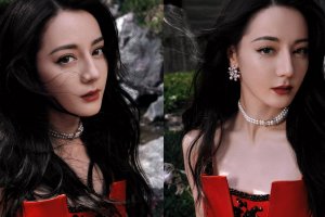 迪丽热巴一袭红色礼服 眼神深邃迷人