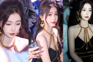 虞书欣穿黑色链条挂脖连衣裙