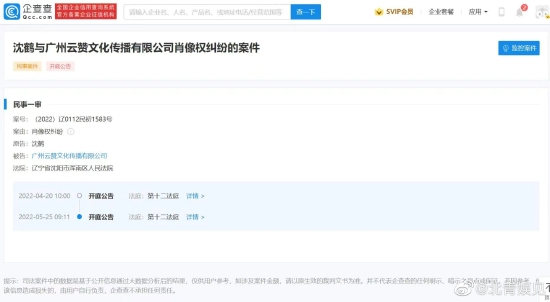 沈鹤(小沈阳)与广州云赞文化
流传有限公司肖像权纠纷案开庭