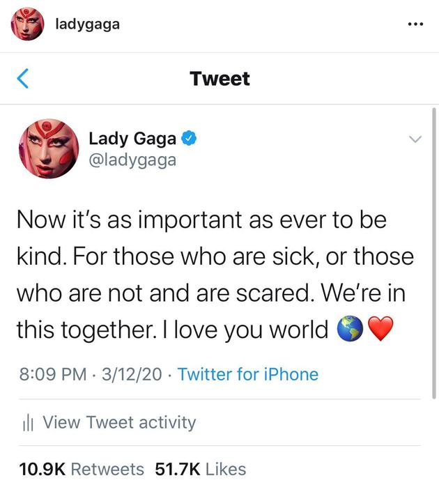 Lady Gaga发文为世界人民祈祷