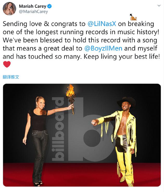 牛姐史上最长夺冠纪录被打破 发图祝贺Lil Nas X