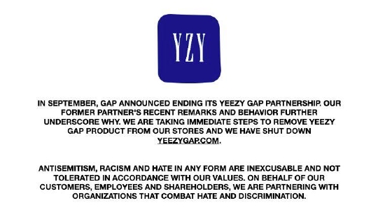 Gap发布最新声明：终止和Kanye合作