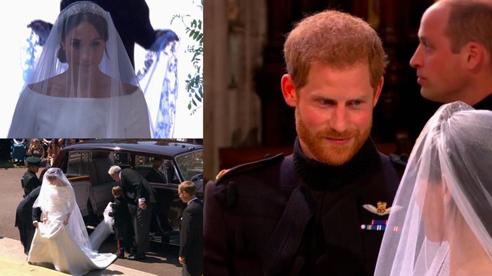 梅根身披洁白婚纱入场