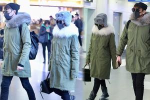 张若昀唐艺昕情侣装同框 戴口罩急行