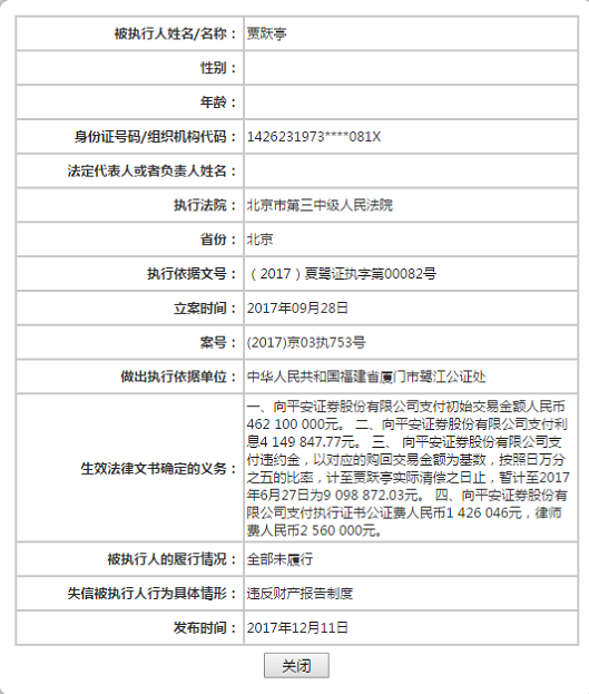 贾跃亭被北京市第三中级人民法院列为失信被执行人