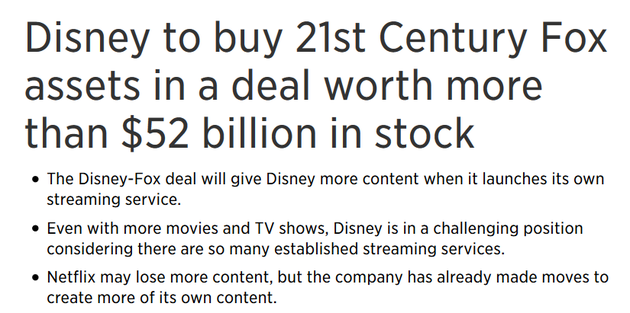 迪士尼宣布收购21世纪福克斯部分资产
