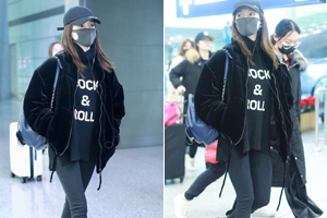 江疏影全黑LOOK现身机场大秀“麻杆腿”