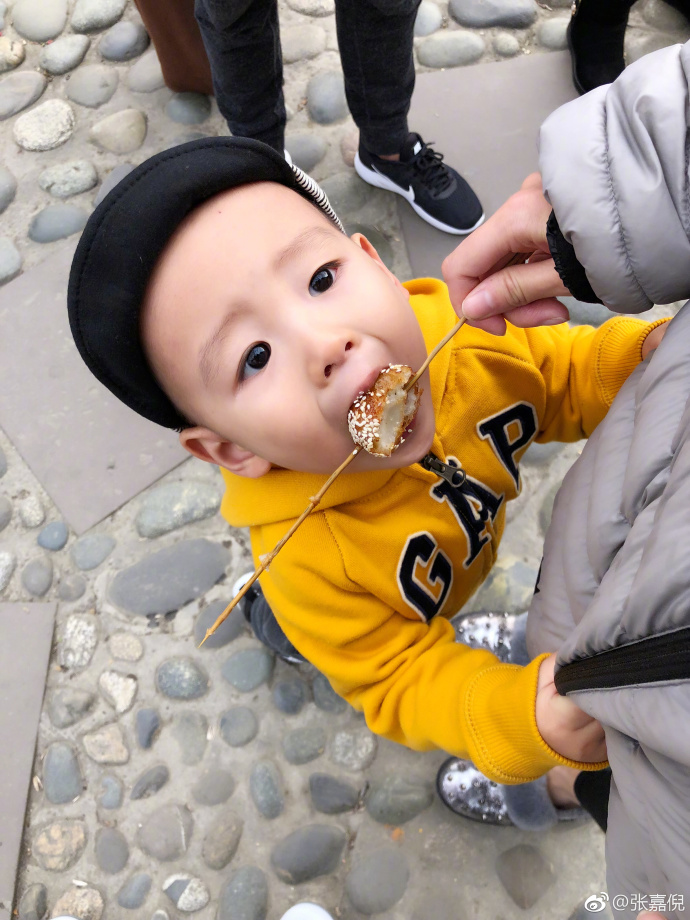 张嘉倪儿子吃糖油果子