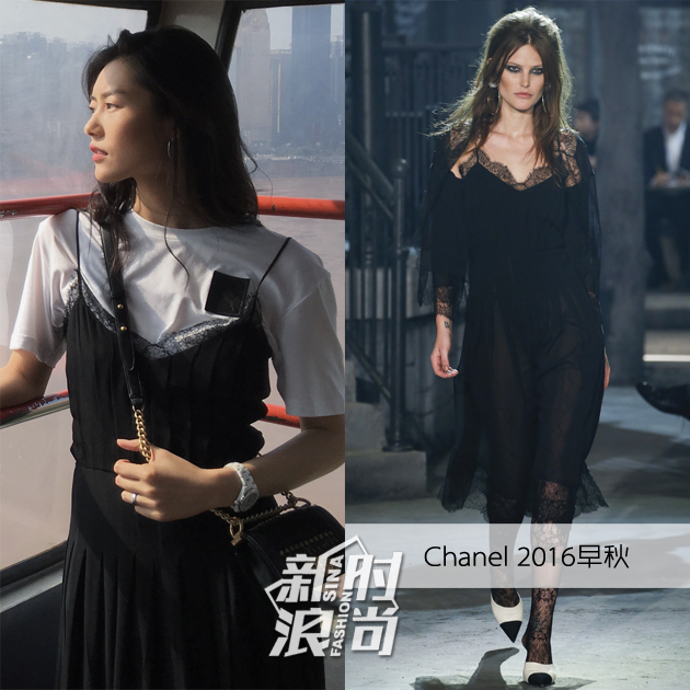 表姐身穿Chanel-2016早秋系列睡衣风连衣裙