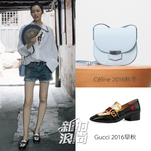 背包来自Celine，皮鞋来自Gucci