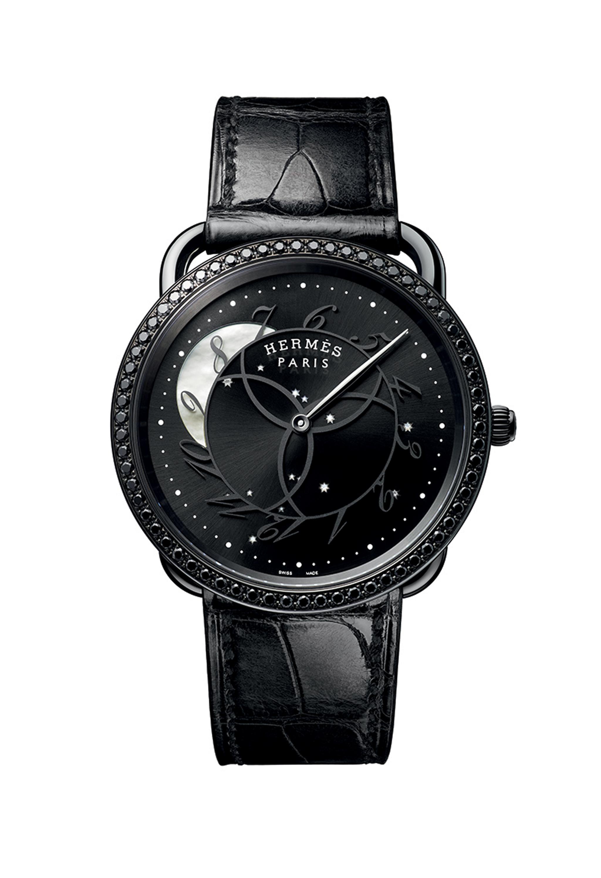 爱马仕Arceau Ronde des heures 哑光拉丝不锈钢腕表,配亮面鳄鱼皮表带