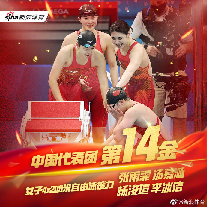 中国女子4×200米自由泳接力张雨霏、汤慕涵、杨浚瑄、李冰洁夺金