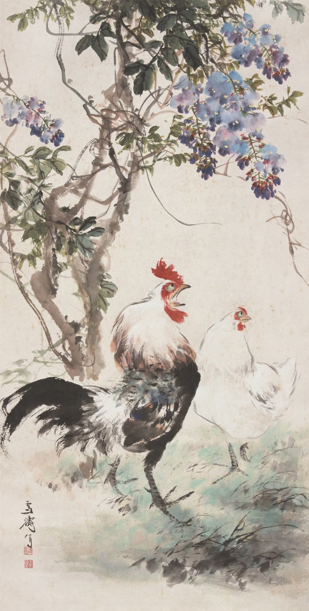 紫藤双鸡 王雪涛 124.5cm×63.5cm 纸本设色 无年款