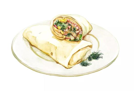 ▲在闽南,春卷化身配料极为丰富的 “薄饼”(bo bia),是可以从春天吃到年尾的寻常吃食。插画/林天意,选自《地道风物·闽南》