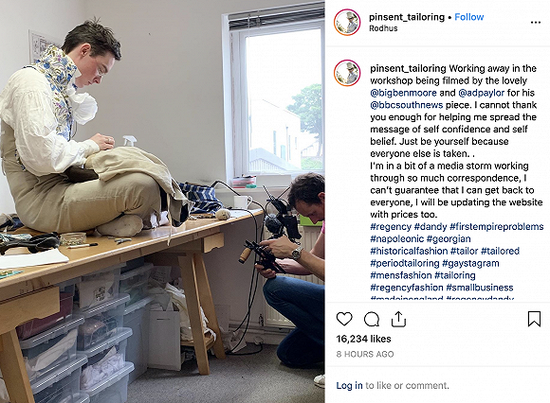BBC拍摄Zack Pinsent缝制服装的过程 图片来源：Instagram账号@pinsent_tailoring