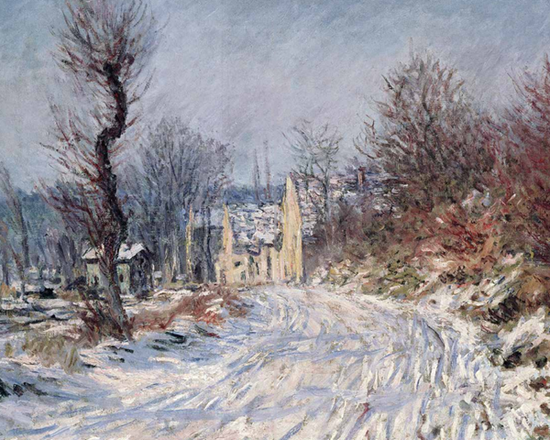 克劳德·莫奈《吉维尼冬日村口》（Entrance to Giverny in Winter），创作于1885年，为私人藏品。