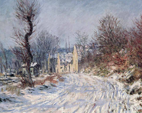 克劳德·莫奈《吉维尼冬日村口》(Entrance to Giverny in Winter),创作于1885年,为私人藏品。