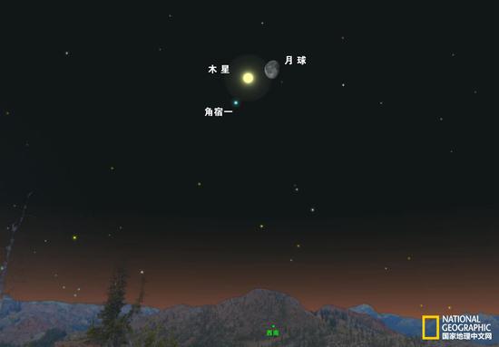 2月15日，渐亏的月亮、木星与明亮的恒星角宿一将在凌晨的天空中聚首。