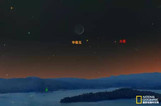4月28日，橘红色的毕宿五与月亮再次与火星一同出现。
插图：A.FAZEKAS, SKYSAFARI