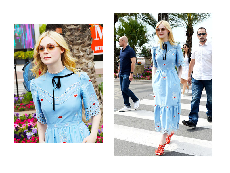 5月再次迎来艳阳四射的戛纳电影节，小仙女Elle Fanning将霍克尼蓝连衣裙穿的时髦得体。