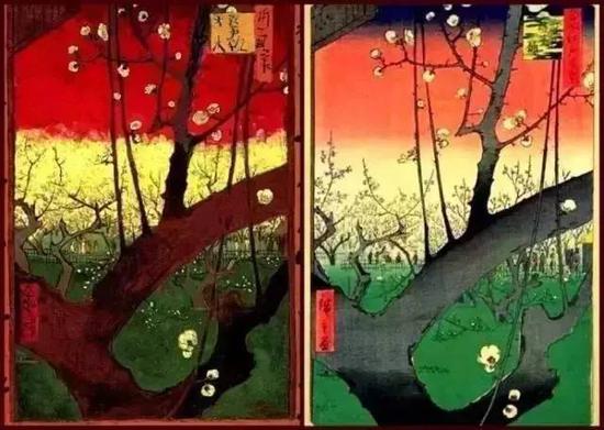 梵高《日本趣味：盛开的梅树》（左）歌川广重《龟户梅宅》（右）