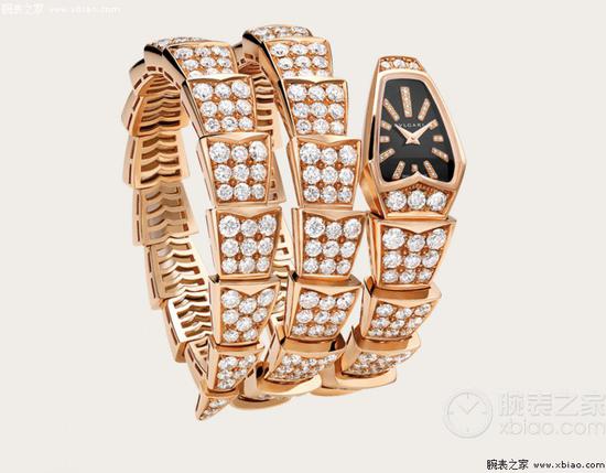 宝格丽Serpenti Jewellery腕表，18K玫瑰金表壳，蓝宝石水晶表盘，18K玫瑰金双螺旋表链，表链镶嵌明亮式切割钻石