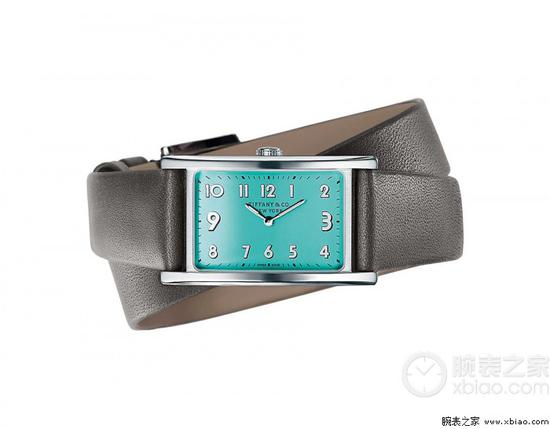蒂芙尼East West迷你型腕表，灰色小牛皮可更换单圈和双圈表带，Tiffany Blue表盘