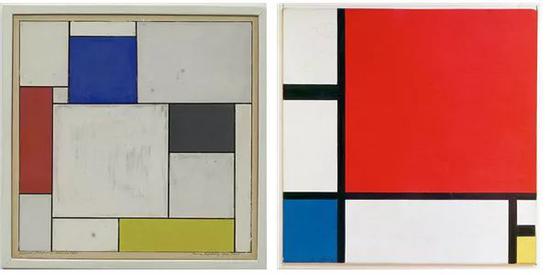 　左侧为杜斯博格的作品《Composition décentralisée》 右侧为蒙德里安的作品《Composition II in Red， Blue， and Yellow》