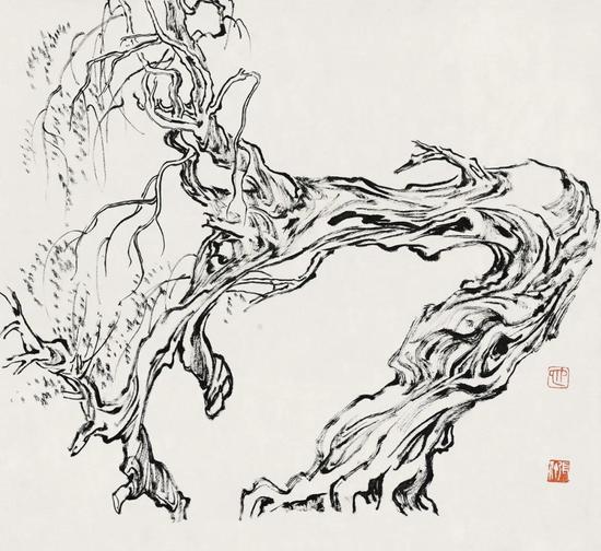 張仃《胡楊》  紙本焦墨  38厘米×35厘米  1981年