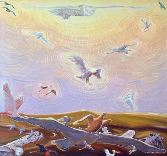 黄冰洁《日不落-百鸟卫队》，布面油画，150 x 160 cm，2022