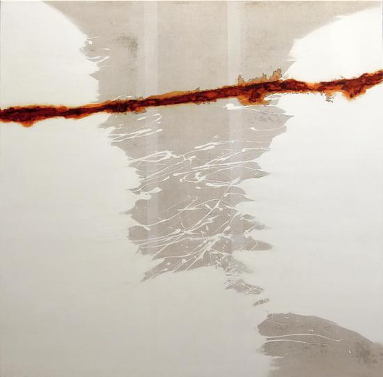 《白色区域》,2012,压克力、油彩、铁锈、蜡/纸裱于画布,150x150公分