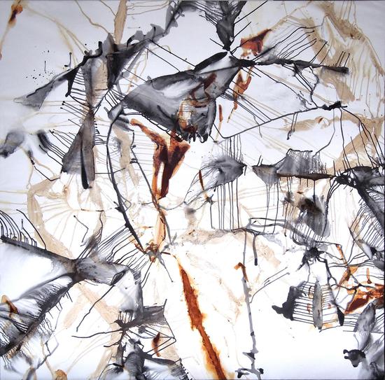 《溯河而上》,2013,压克力、墨、铁锈、蜡/纸,195x195公分