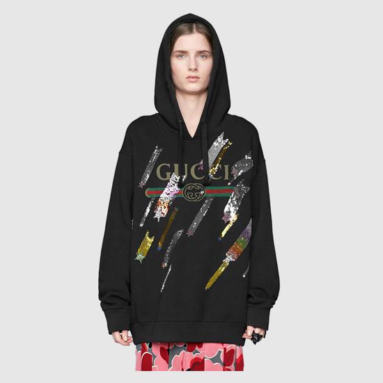 黑色亮片刺绣帽衫 Gucci