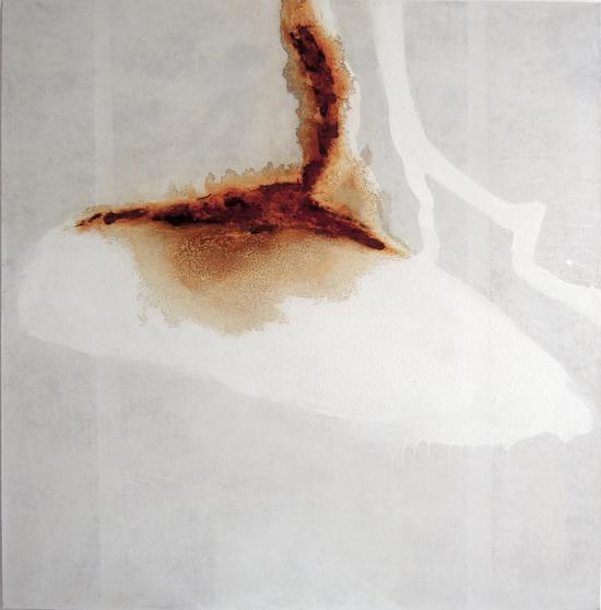 《白色区域》,2012,压克力、油彩、铁锈、蜡/纸裱于画布,100x100公分