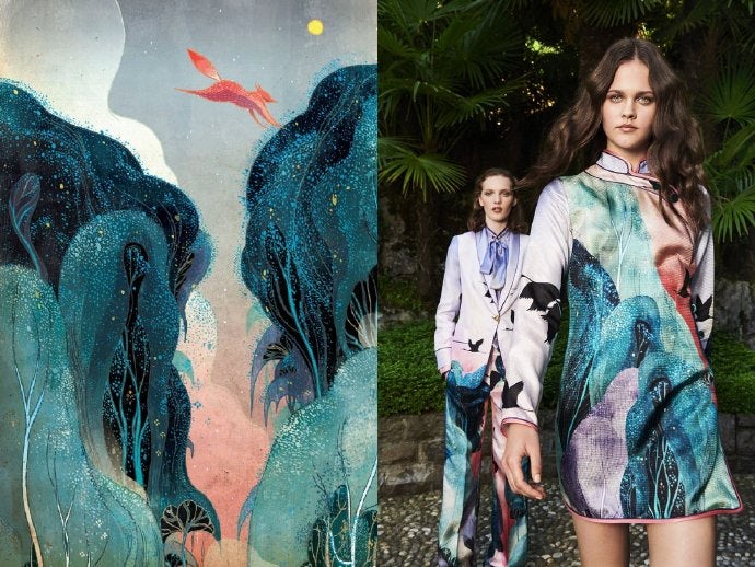 左：倪传婧插画作品，右：For Restless Sleepers品牌服饰|图片来源：微博