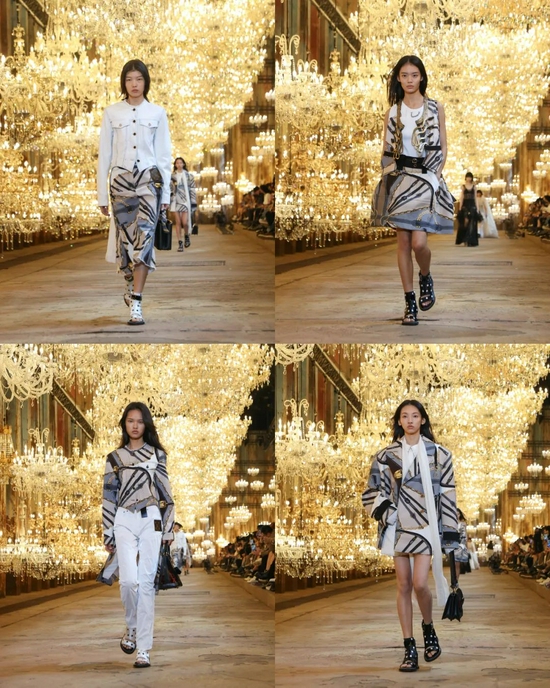  Nicolas Ghesquière 为本次上海大秀设计的 19 套全新造型中的其中 4 套，造型展示了由标志性金链与皮革带组成的“围巾印花”