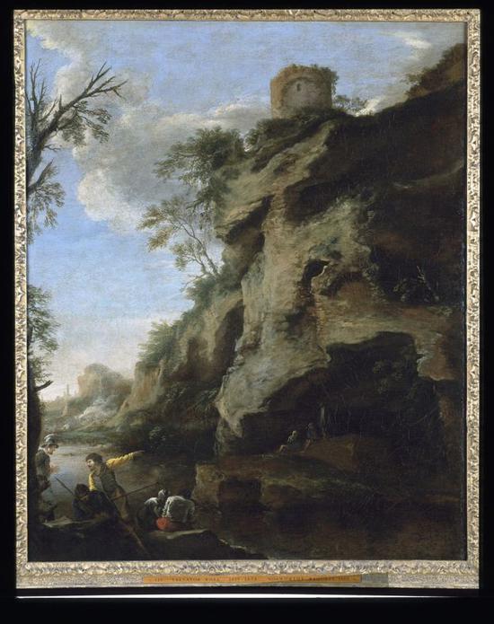 《在岩石海岸研究作战计划的士兵》(A Rocky Coast, With Soldiers Studying A Plan),Salvator Rosa,1640年代