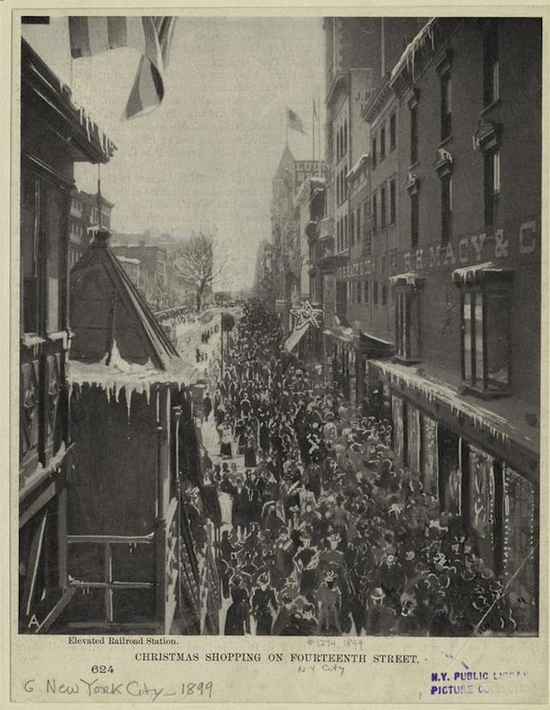 1899年圣诞假日，梅西百货门前的第14街聚满人流 　　图片来源：NYPL