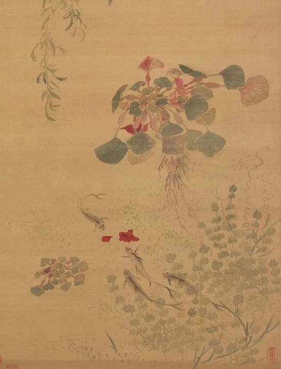 清 马元驭 落花游鱼图(局部)