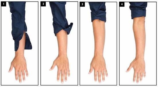 以手肘为分界，将袖口卷至手肘以上会显得更干练、更便于工作；