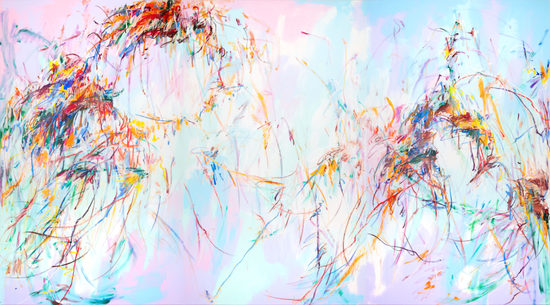 王茜瑶《迷失在野花园的回响里 No。 1》，布面丙烯、油画笔，250 x 480 cm，2022