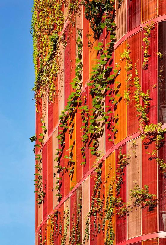 建筑通身为绿色和红色“红”来自于红色的铝制金属网 这是设计师为了让植物更好地“攀爬”而设计