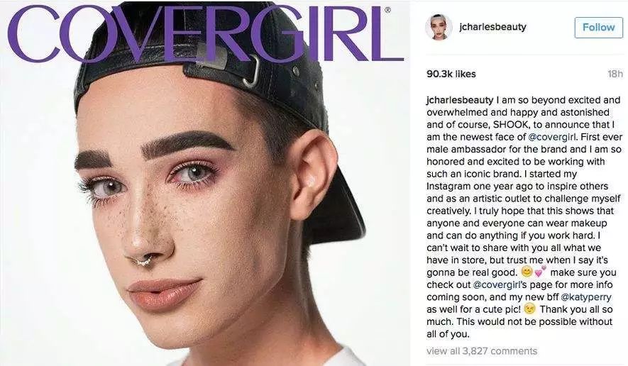 美国著名彩妆品牌Cover Girl也曾合作男性社交红人James Charles拍摄美妆广告。